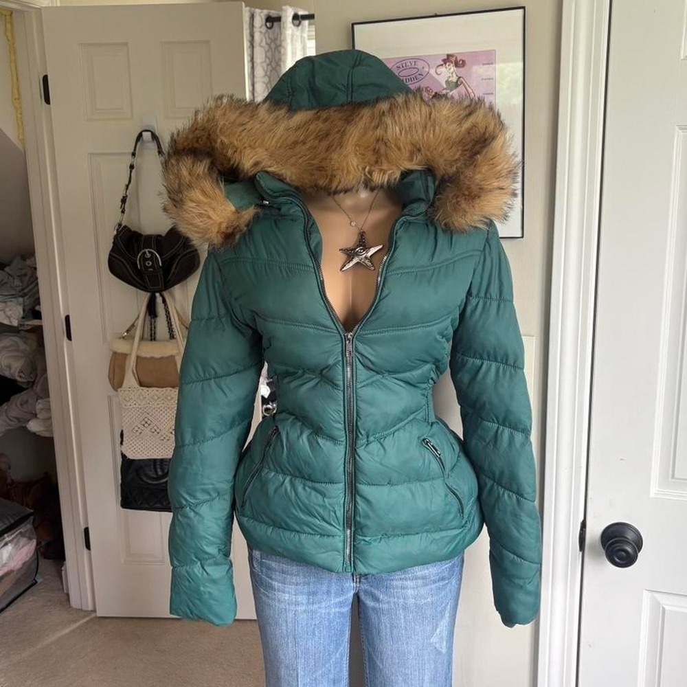 y2k 2000s ymi green fur hood puffer winter jacket